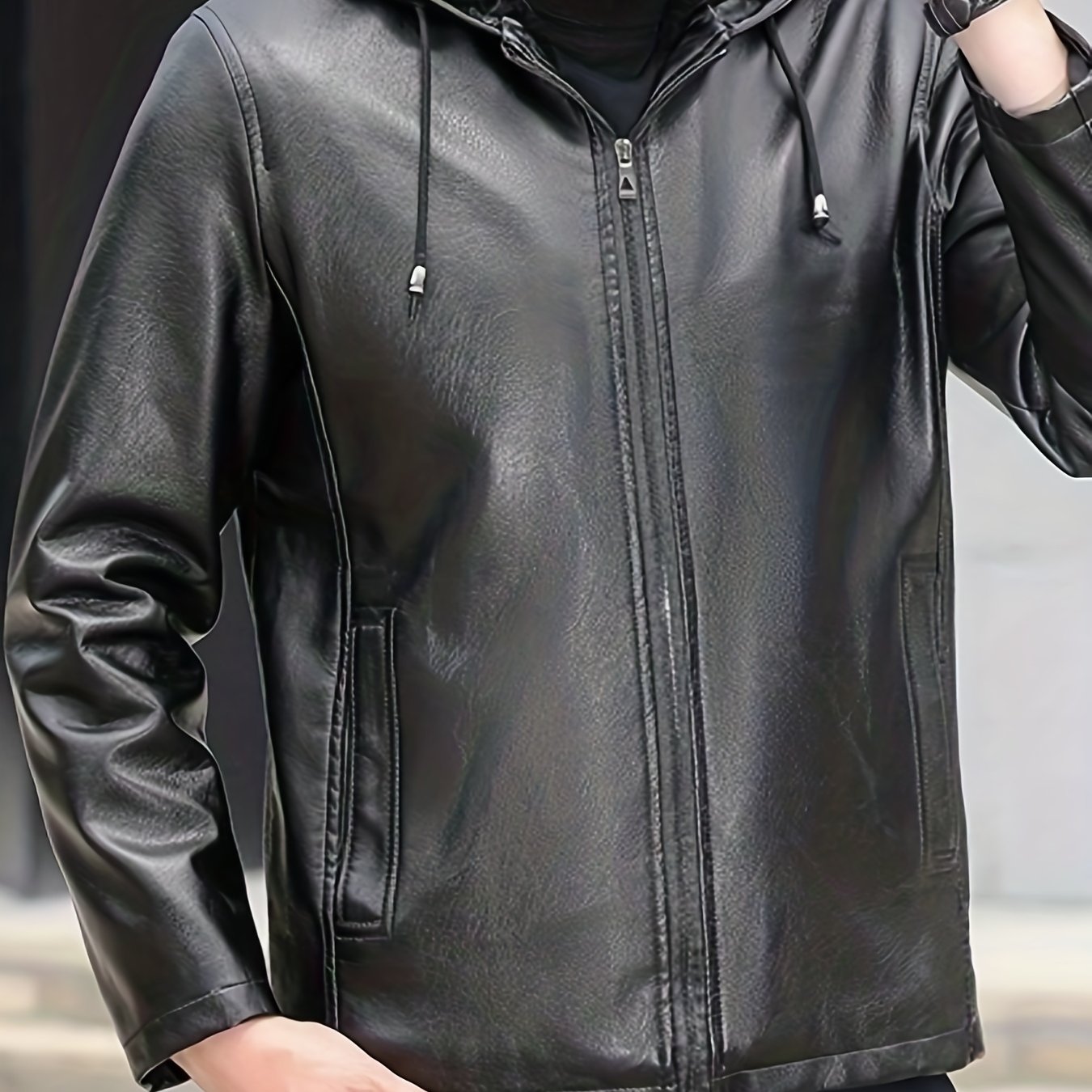 retro Pu Hooded Biker Jacket, Men's Casual Warm Fleece Zip Up Faux Leather Jacket For Fall Winter