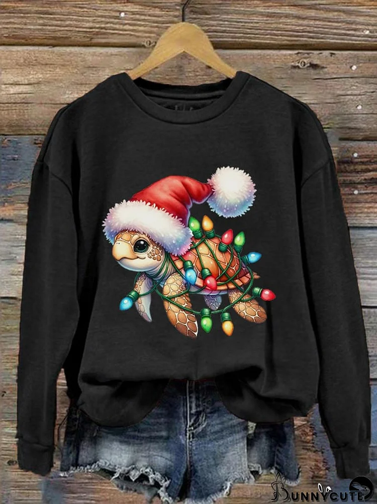 Women's Christmas Turtle Mele Kalikimaka Print Crew Neck Sweatshirt