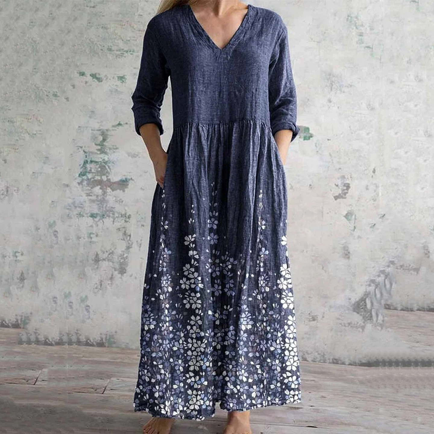 Comstylish Vintage Floral Art Print Women's Linen Dress