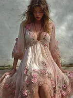 Vintage Pink Roses Embroidered Flowy Linen Midi Dress