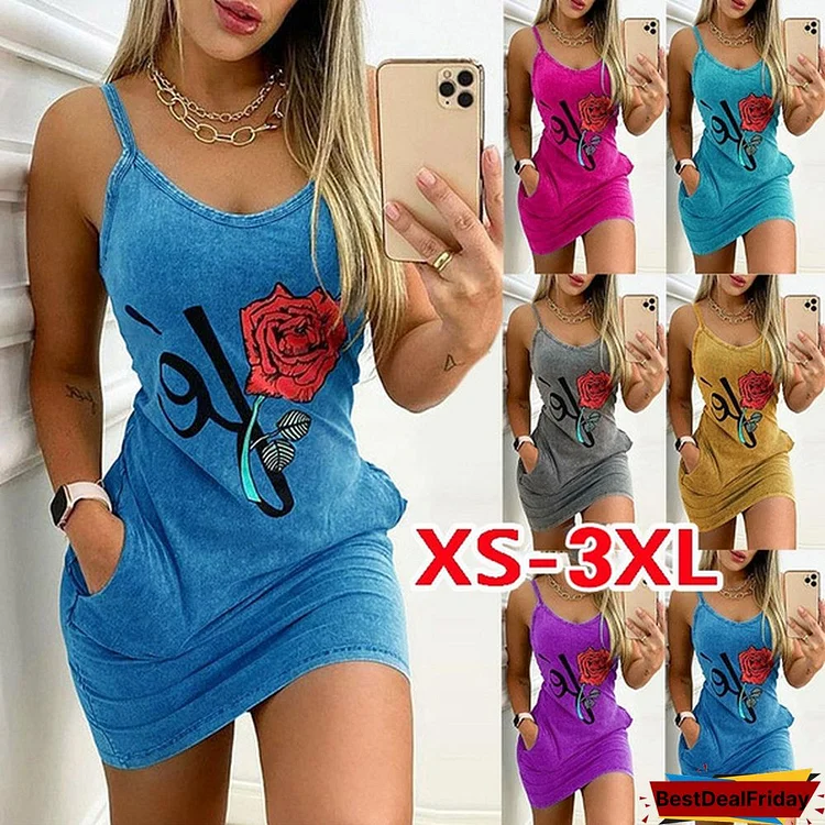 New Summer Women's Fashion Casual Sleeveless Floral Prited Halter Dress with Pockets Sexy V-neck Party Club Mini Tank Top Dresses Ladies Plus Size Cami Dress
