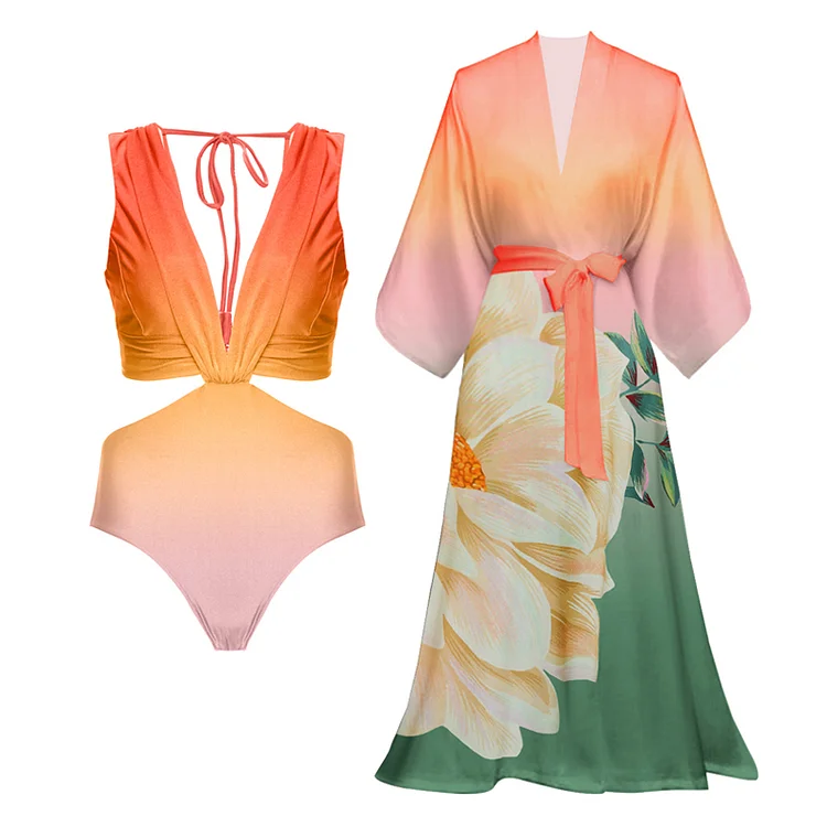 Flaxmaker Orange Gradient Cutout One Piece Swimsuit and Cover Up