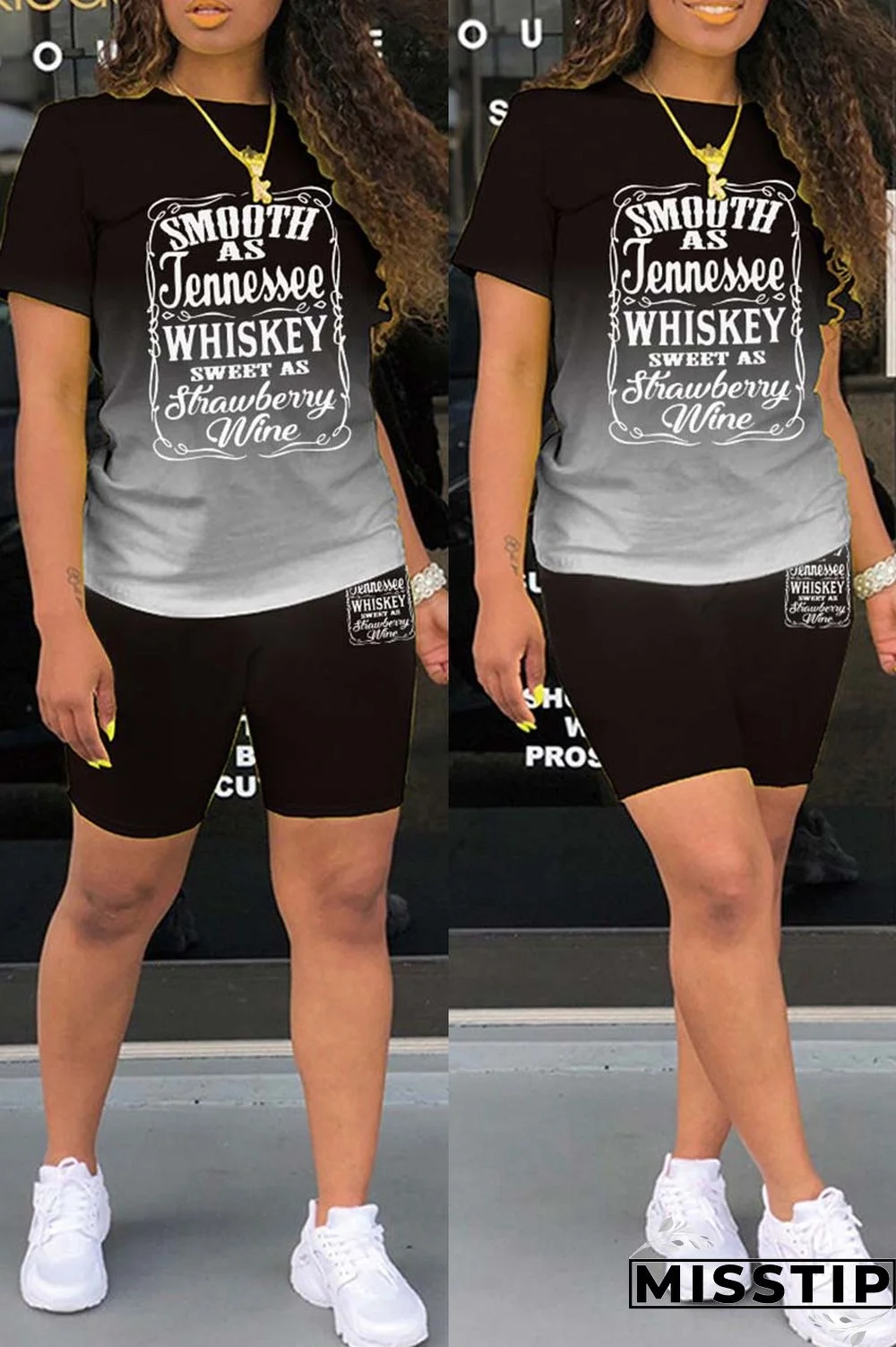Black Casual Gradual Change Letter Print Basic O Neck Short Sleeve Two Pieces