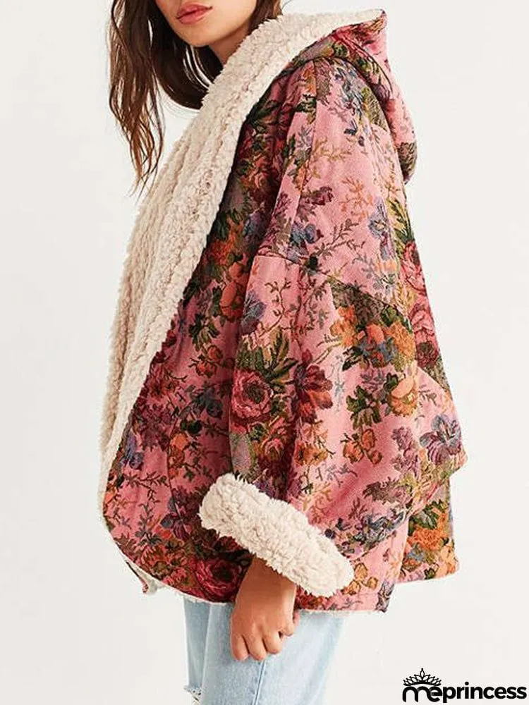 Leisure Batwing Long Sleeves Floral Printed Cardigan Hooded Coats