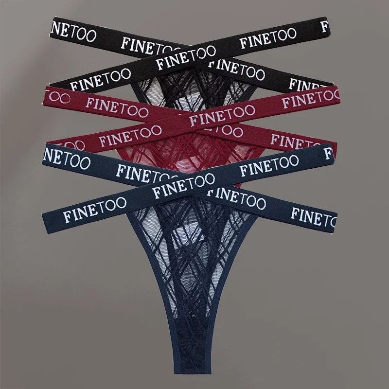 FINETOO 3PCS/Set Women's Letter Lace Mesh G-string Sexy Cross Strap Panties Midi Waist Underwear Thongs Femme Hollow Out Panties