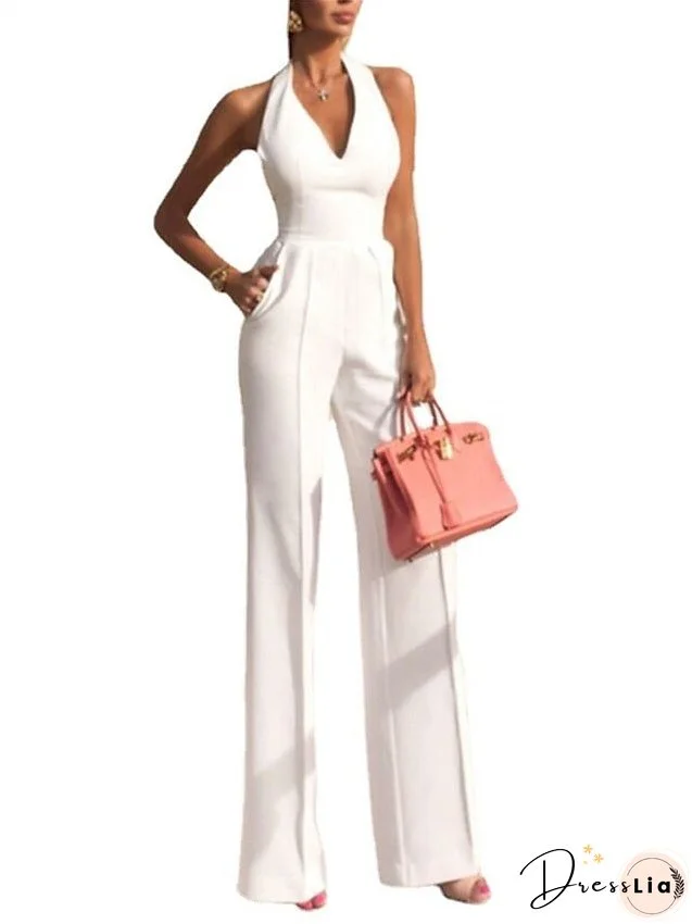 Women's Jumpsuit Clean Fit Backless Pocket Solid Color Halter Streetwear Party Cocktail Party Regular Fit Sleeveless White S M L Spring