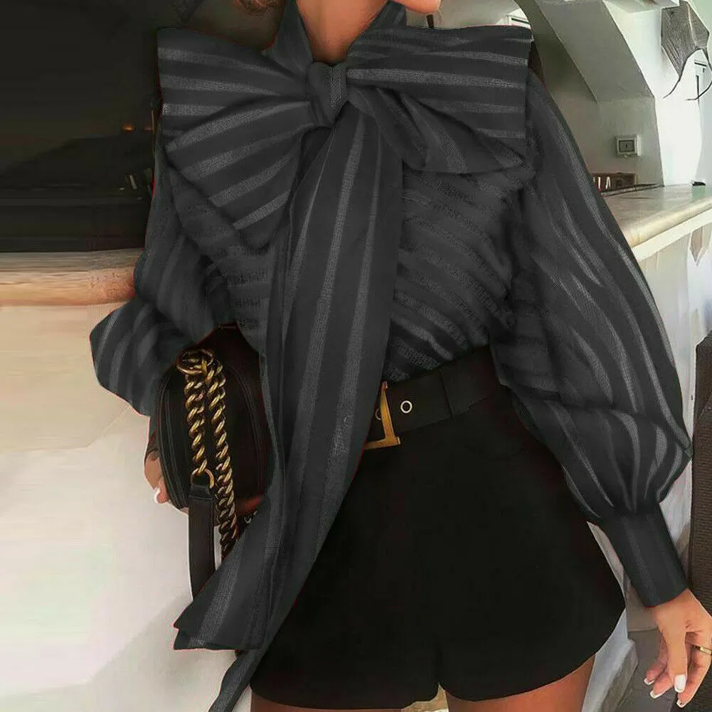 High Street Women Organza Blouse New Big Bow Striped Loose Shirts Puff Sleeve Retro Chic Blouses Clothes Elegant Female Shirt