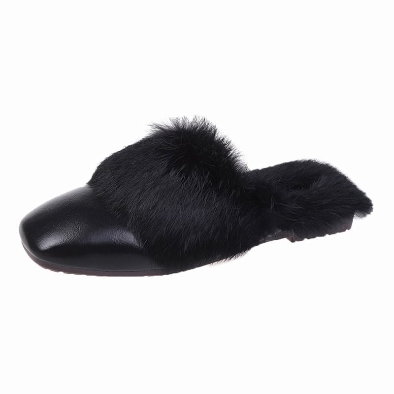 2021 Women Fund Square Leather Furry Flat Slipper High with Half Drag Women's Shoes Warm Home Slippers Woman Casual Slides Shoes