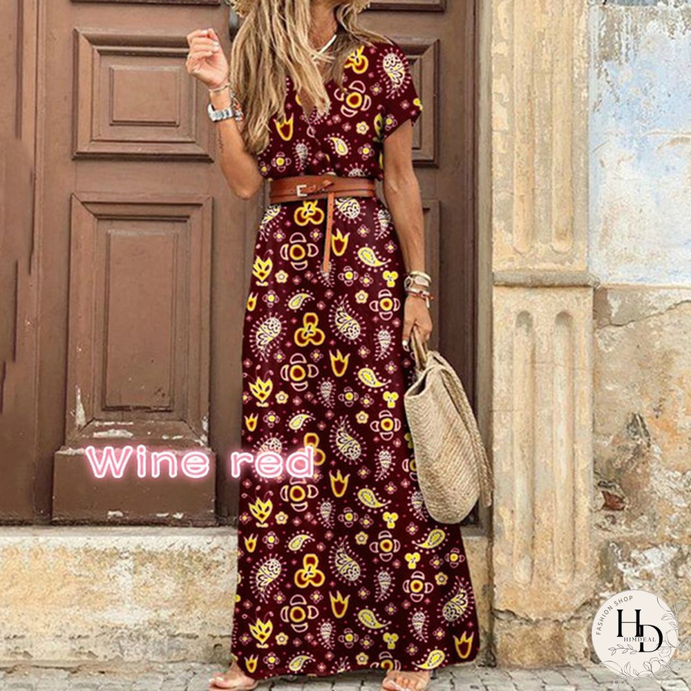 Ladies Summer Sexy Printed Boho Dress with Belt Belt