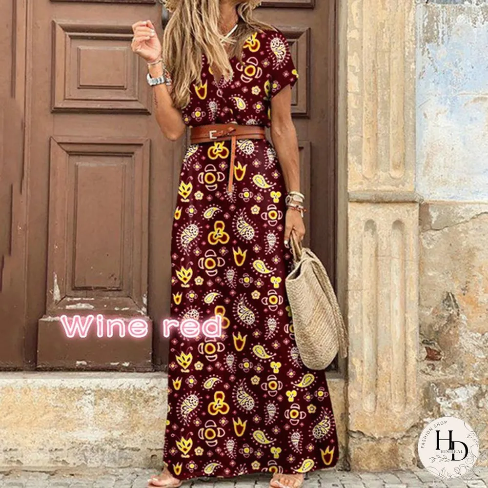 Ladies Summer Sexy Printed Boho Dress with Belt Belt