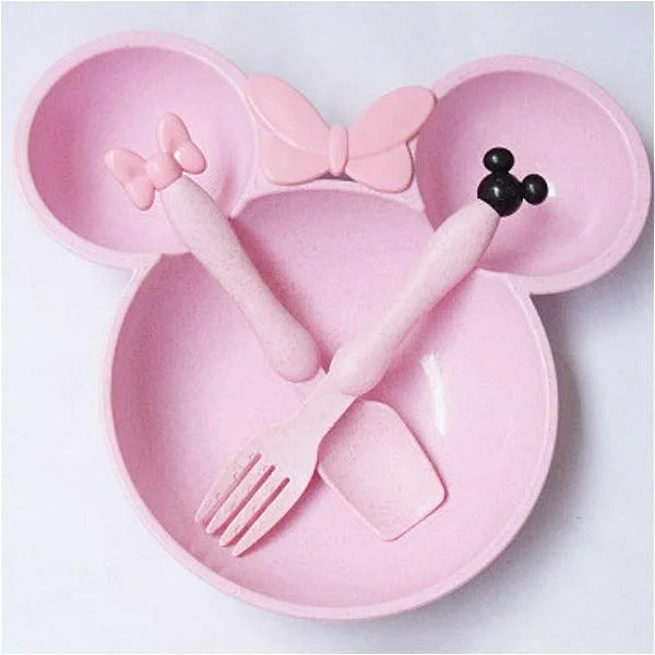 3pcs Wheat Straw Baby Cartoon Tableware Set Children's Dishes Kids Dinner Platos Baby Feeding Plate Training Bowl Spoon Fork