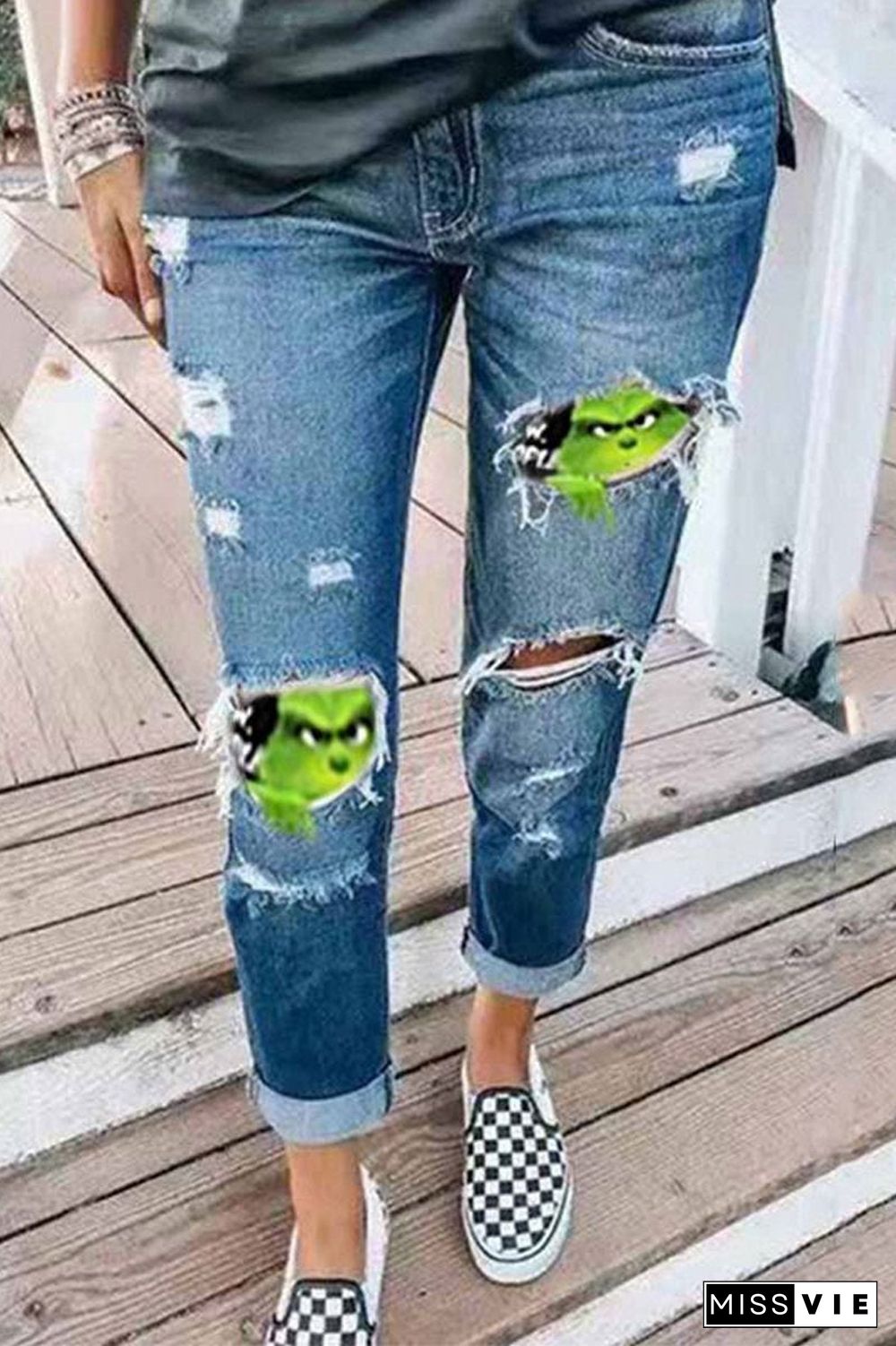 Denim Cartoon Patchwork Ripped Pants