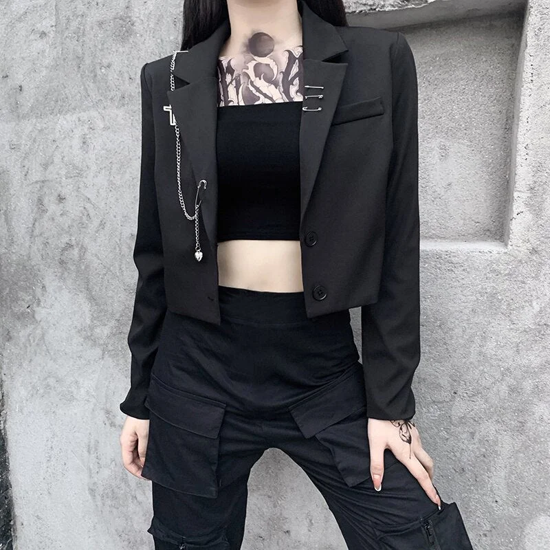 InsGoth Women Punk Gothic Black Blazer Harajuku Streetwear Metal Chain Patchwork Suit Office Ladies Commute Short Coat
