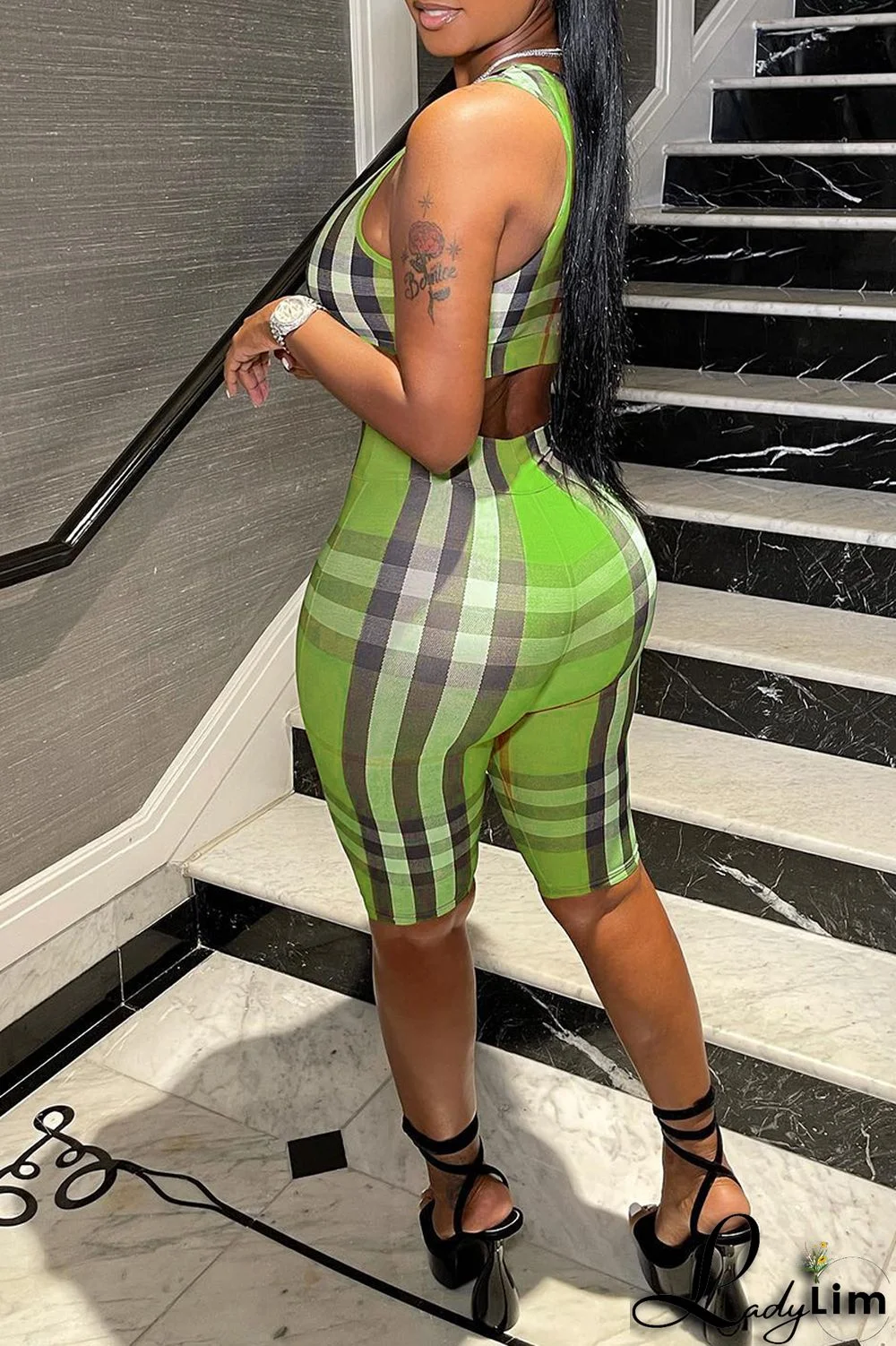 Khaki Fashion Casual Plaid Print Basic U Neck Sleeveless Two Pieces