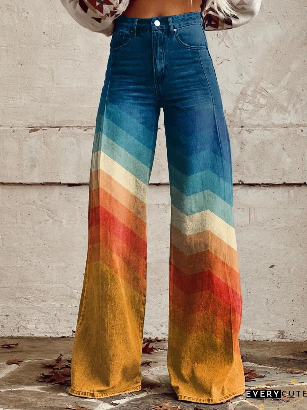 Women's Orange and Blue Stripes Print Casual Wide Leg Pants