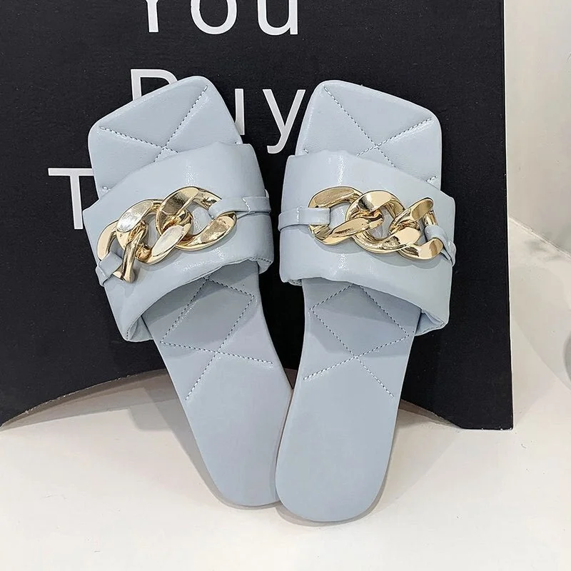 Women Slippers High Heels Chain PU Square Toe Fashion Woman Pumps Summer Sandals Outdoor Comfort Ladies Footwear New 2021