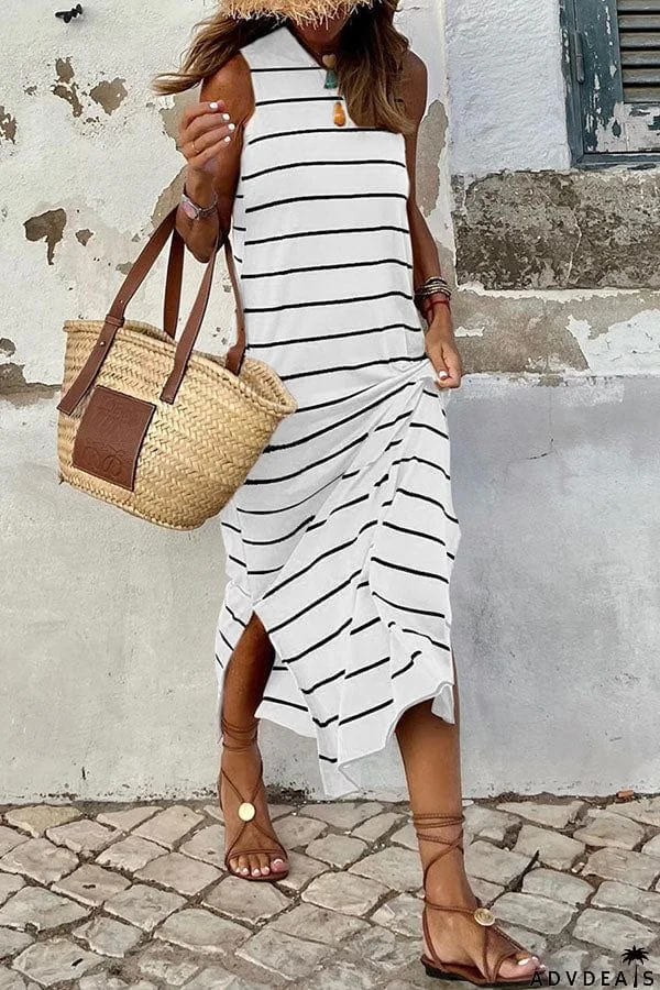 Striped Backless Casual Side Slits Maxi Dress