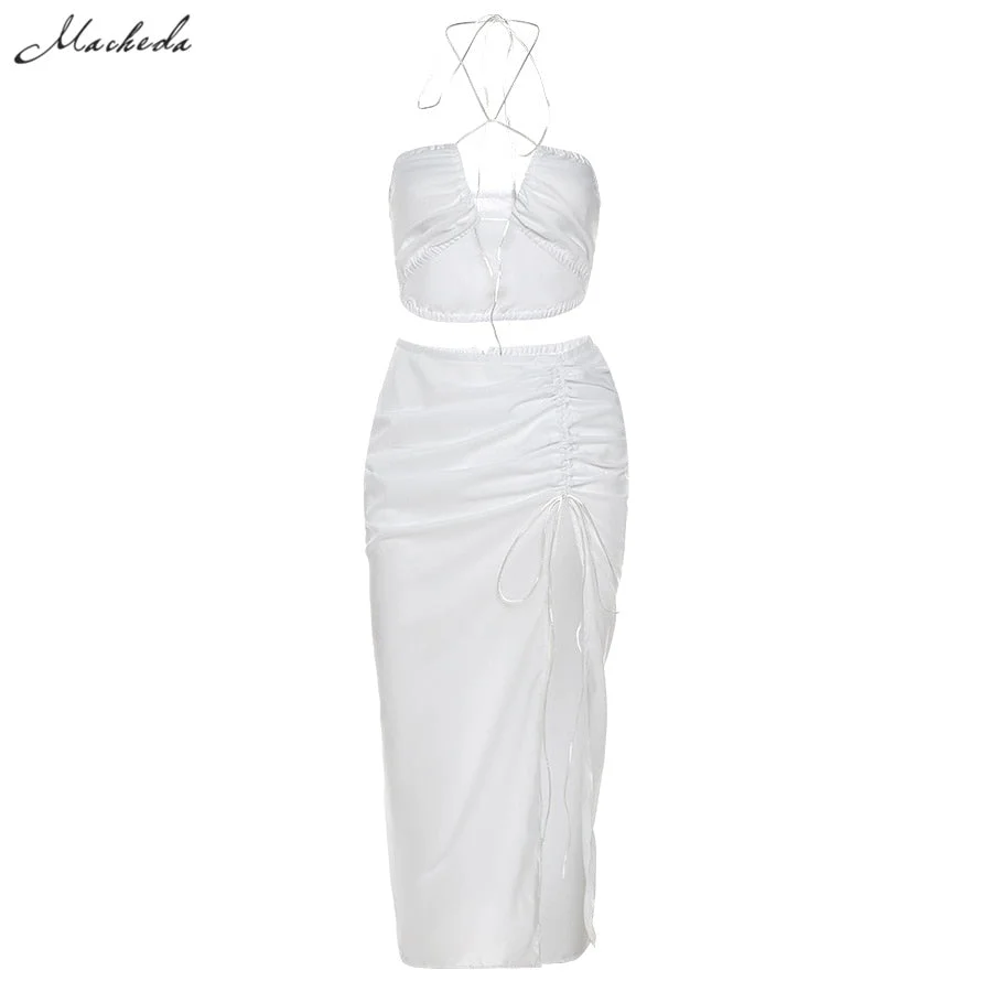 Macheda Spring Sexy Solid Two Pieces Set Women Slim Halter Hollow Out Crop Top And High Waist Split Long Skirt Outfit 2021 New