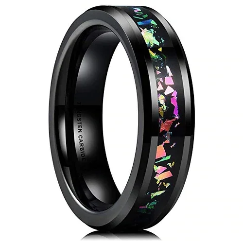 Men's or Women's Tungsten Carbide Wedding Band Rings,Wedding Ring Bands Black With Rainbow Fragments Inlay,Tungsten Carbide Ring With Mens And Womens For Width 4MM 6MM 8MM 10MM