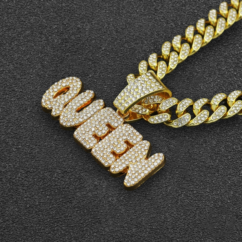 1 Men’s Diamond QUEEN Letter Hip Hop Hipster Full Diamond Hip Hop Necklace Pendant Accessories Cuban Chain