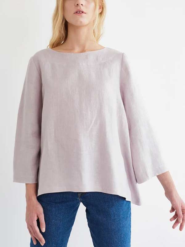 Round Neck Cotton And Linen Solid Color Top hjn Shicloths