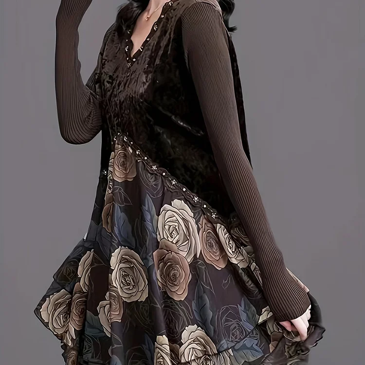 Floral Print Lace Trim V Neck Dress, Casual Velvet Paneled Long Sleeve Dress, Women's Clothing