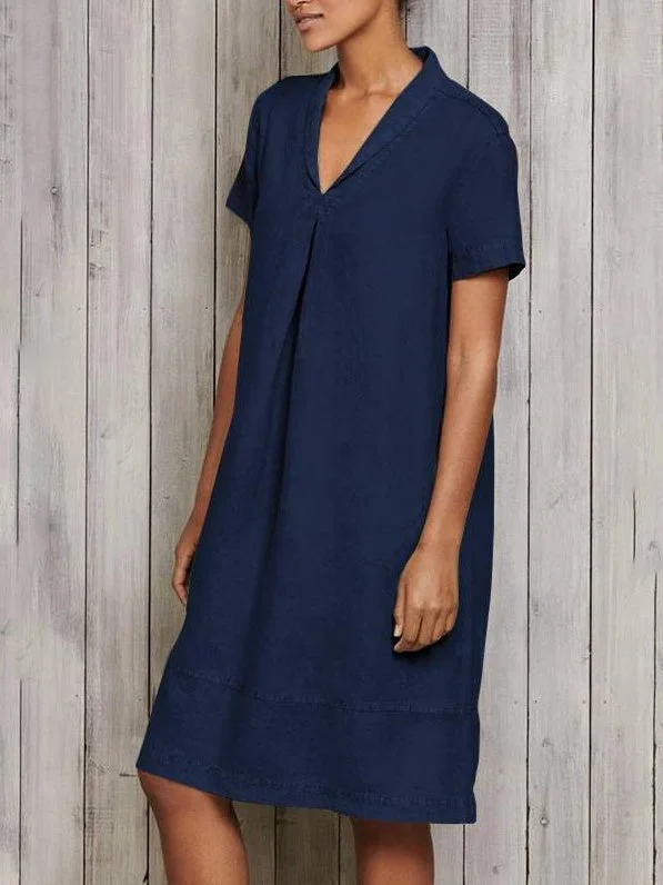 Women Short Sleeve V-neck Soild Midi Dress
