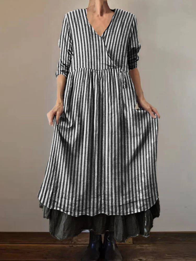 Striped Wrap V Neck Pleated Maxi Dress