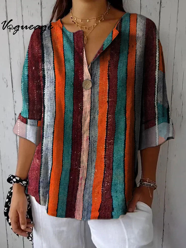 Gentle Retro Color Vertical Stripes Printed Cotton And Linen Shirt