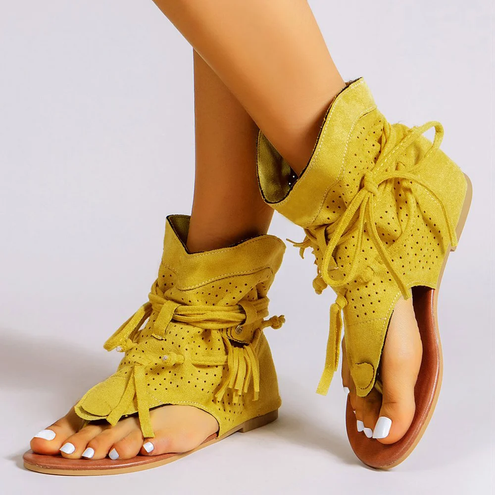 Round Toe Flats Yellow Fringe Shoes Flip-Flops