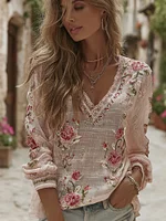 Women's Pink Rose Print Linen Blend T-shirt