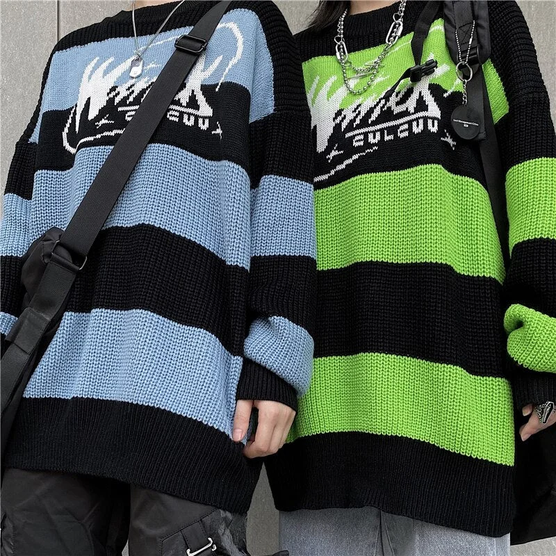Women's Striped Sweater Winter Casual Letter Tops Harajuku Vintage Green Pullover Autumn Streetwear Korean Fashion Teen Knitwear