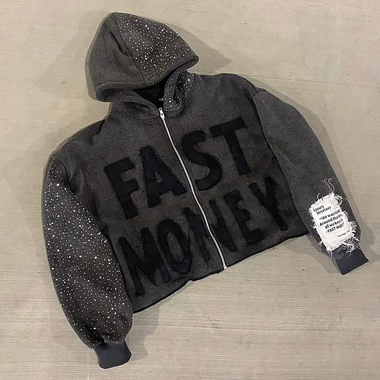 Fast Money Appliqu&Eacute; Embroidery Gemstone Crafts Zip-up Washed Hoodie