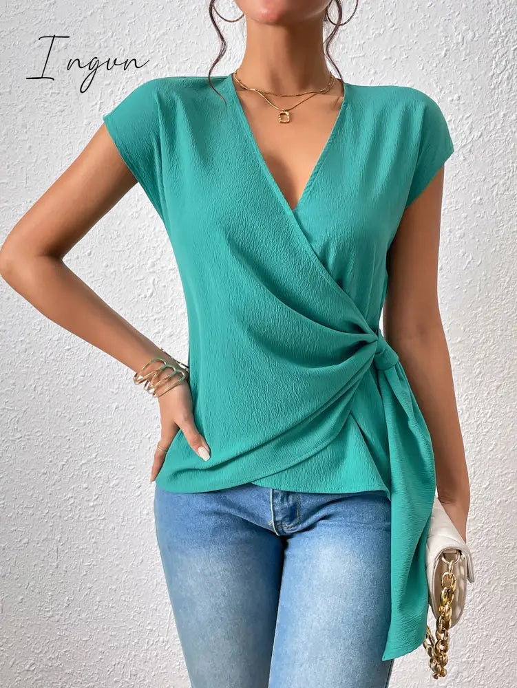 Ingvn - Tied Surplice Neck Short Sleeve Blouse Teal / S