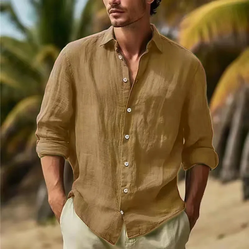 Uveng Uveng Men's Linen Shirt Button Shirt Summer Beach Shirt Pure Color