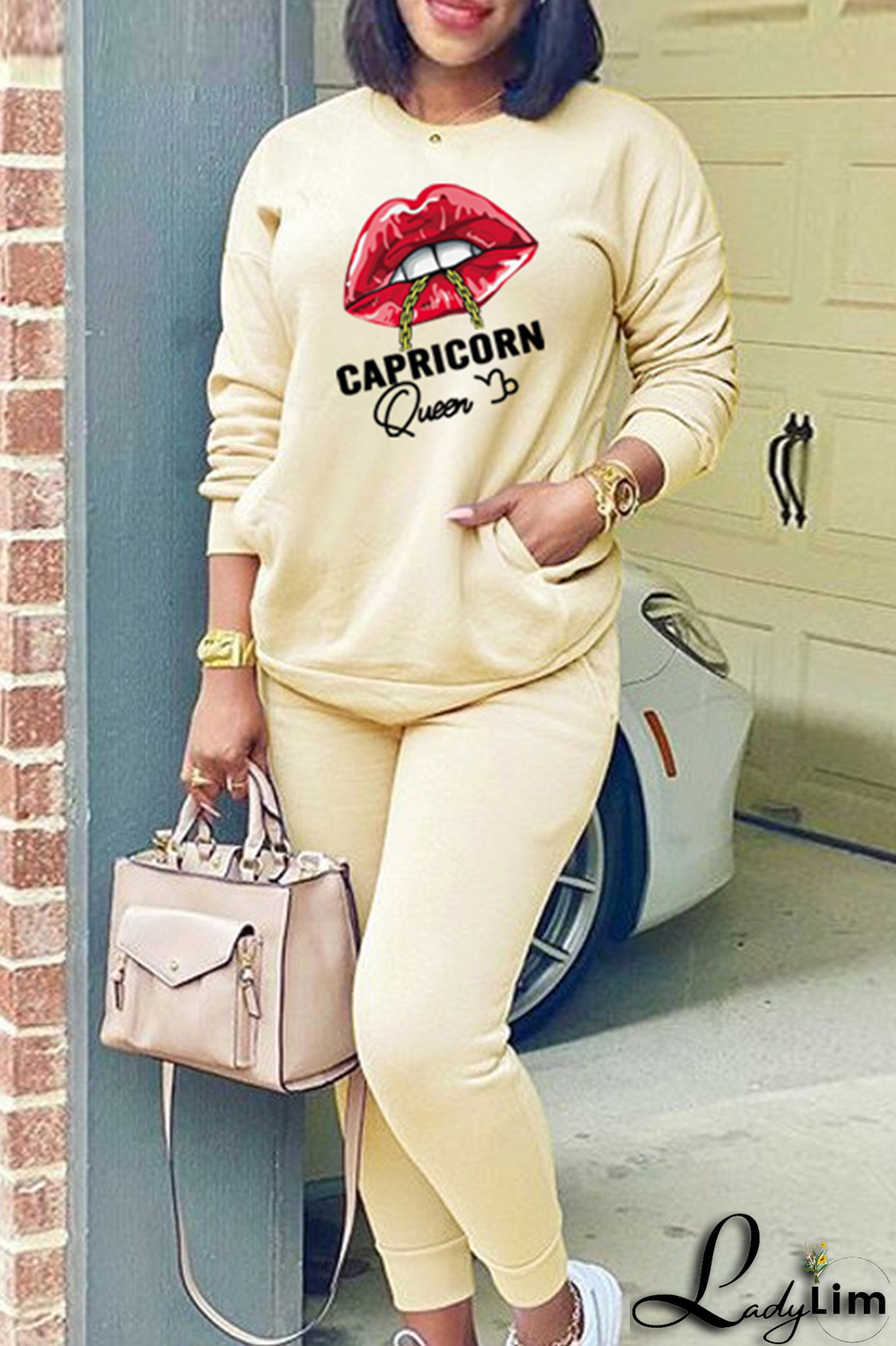 Yellow Fashion Lips Printed Patchwork O Neck Long Sleeve Two Pieces