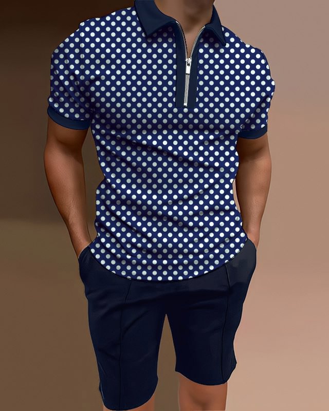 Men's polo shirt casual polka dot two piece set