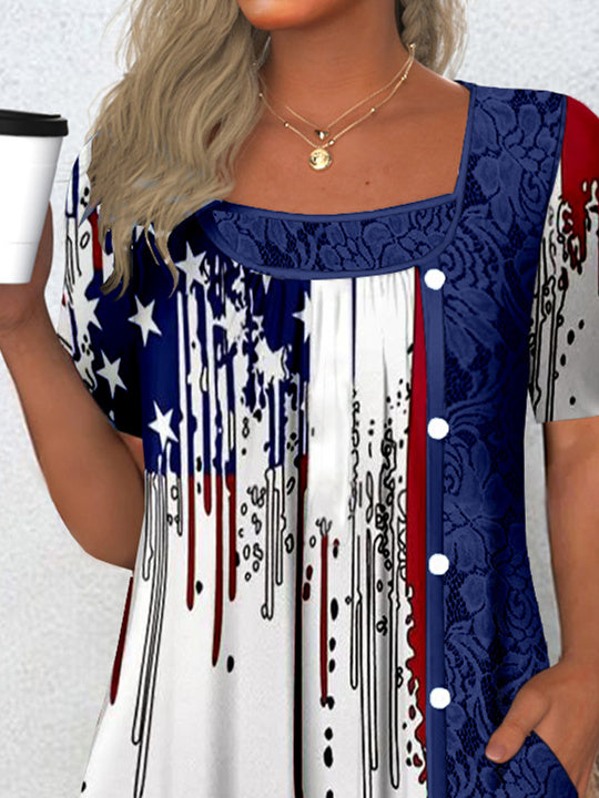 Women's Short Sleeve Scoop Neck Graphic Lace Star Printed Tops