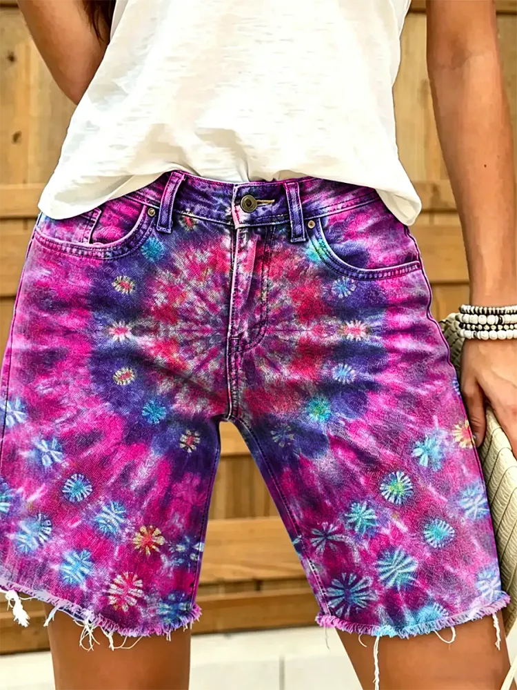 Women's Hippie Tie-Dye Art Print Fashion Denim Shorts