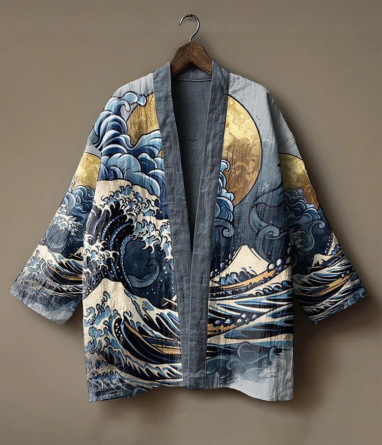 Japanese art-embroidered linen kimono cardigan