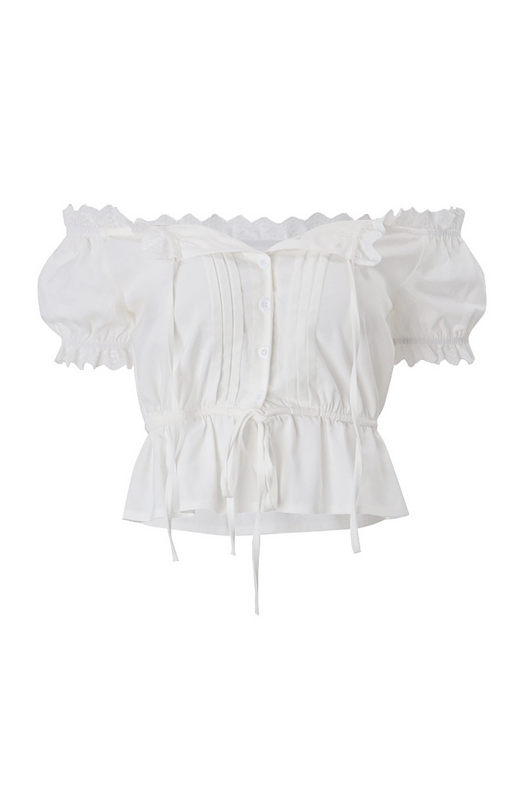 Lace Trim Off Shoulder Puff Sleeve Crop Top Tie Up Mini Skirt 2pcs Set-White