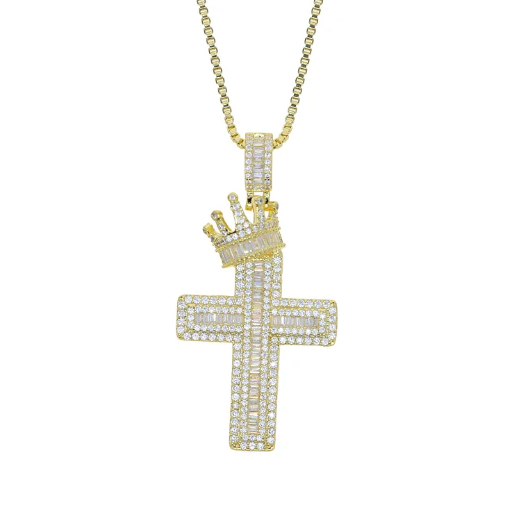 Hip Hop Iced Out Crown Cross Pendant Necklace-VESSFUL