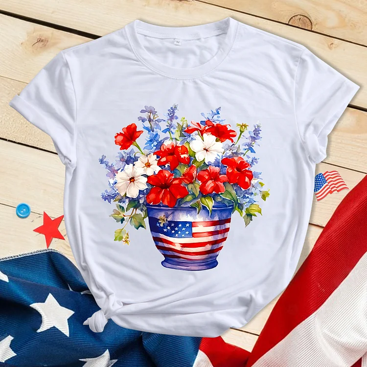 Red And Blue Potted Flower Theme T-shirt-BSTC1246