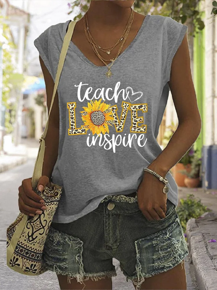 Teach Love Inspire Sunflower V Neck T-shirt Tees-06557