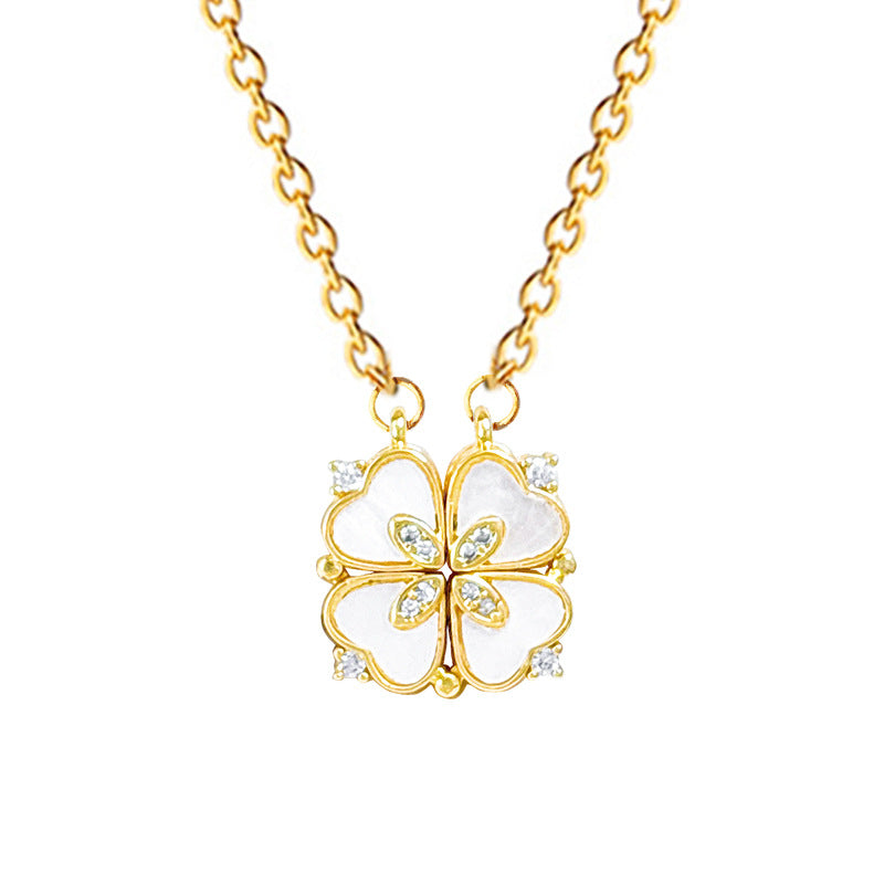 Women’S Necklace Two-Piece Heart-To-Heart Opening And Closing Four-Leaf Flower Full Diamond All-Match Clavicle Chain Titanium Steel