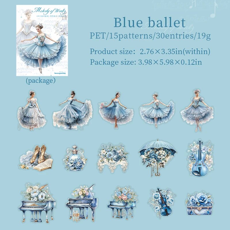Journalsay 30 Sheets Waltz Melody Series Vintage Character Landscaping PET Sticker
