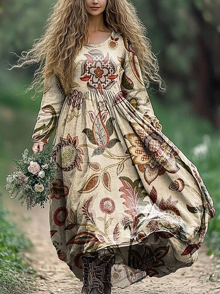 Women's Vintage Folk Floral Art Print Crew Neck Pocket Cotton Dress