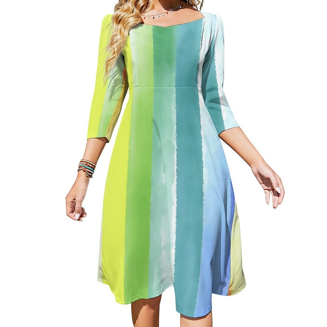 Colorful Watercolor Vertical Rainbow Pattern Dress Sweetheart Tie Back Flared 3/4 Sleeve Midi Dresses