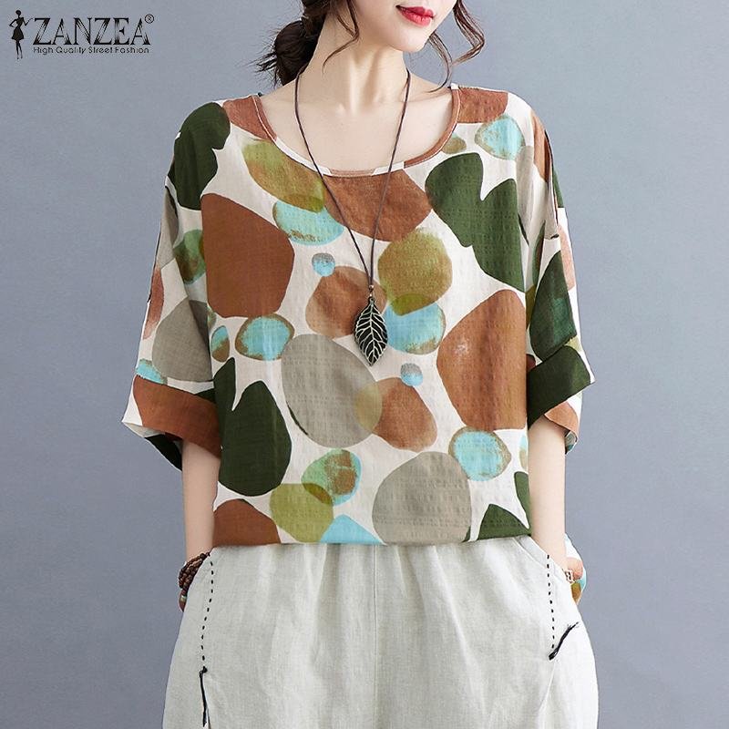 Elegant Printed Tops Women Summer Blouses ZANZEA 2022 Casual Half Sleeve Blusas Female O Neck Tunic Geometric Oversize Chemise