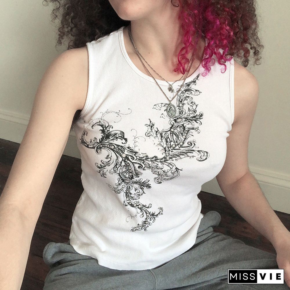 Women Trendy Portrait Letter Printed Tank Tops Summer Vest Female Round Neck Sleeveless Slim Fit Crop Tops